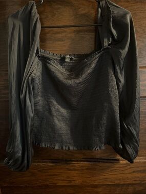 J. Crew Black Smocked Square-Neck Long-Sleeve Crop Top
